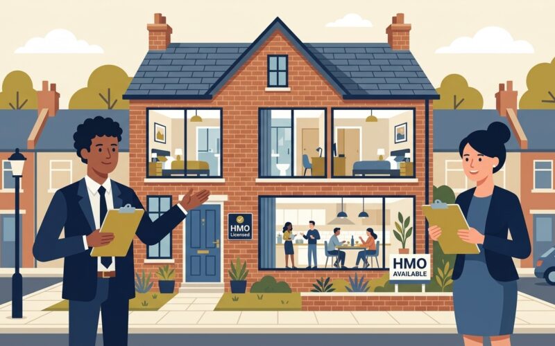 Flat vector editorial illustration of a converted UK terraced HMO property with professional property managers reviewing compliance floorplans