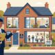 Flat vector editorial illustration of a converted UK terraced HMO property with professional property managers reviewing compliance floorplans