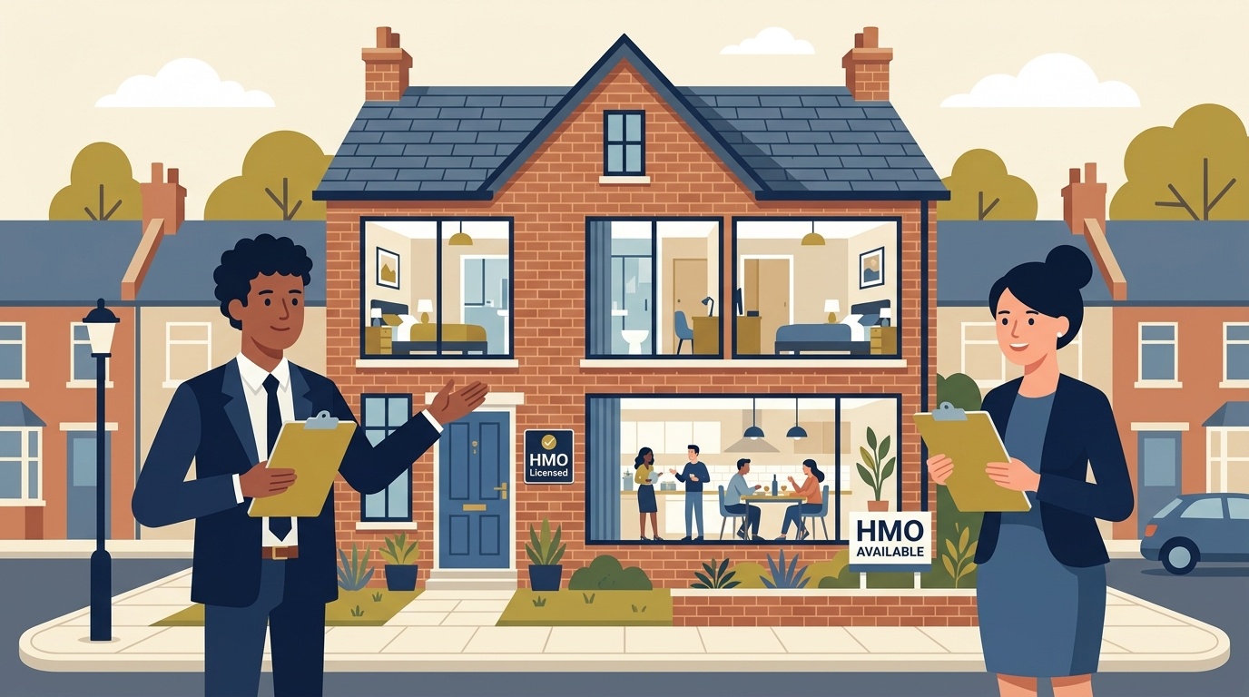 Flat vector editorial illustration of a converted UK terraced HMO property with professional property managers reviewing compliance floorplans