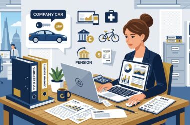 Flat vector editorial illustration of an accountant filing HMRC P11D employee expenses and benefits reports