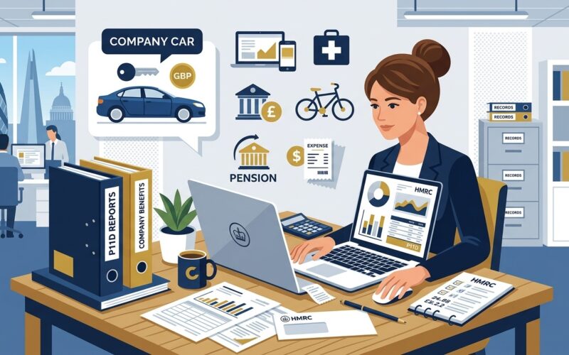 Flat vector editorial illustration of an accountant filing HMRC P11D employee expenses and benefits reports