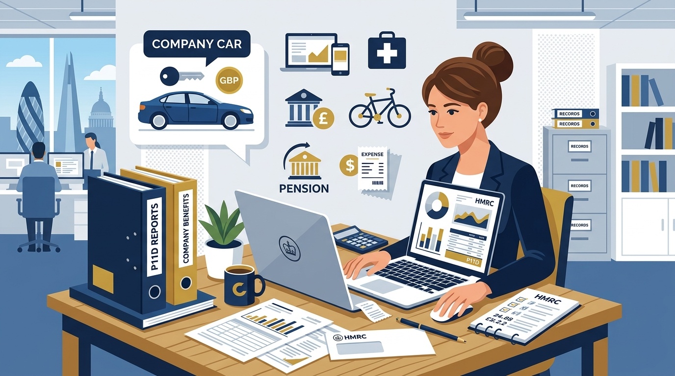 Flat vector editorial illustration of an accountant filing HMRC P11D employee expenses and benefits reports