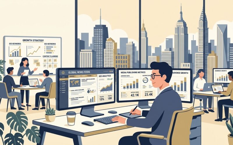 YonoPress platform review showing digital media analytics, SEO tools dashboard, and online publishing newsroom