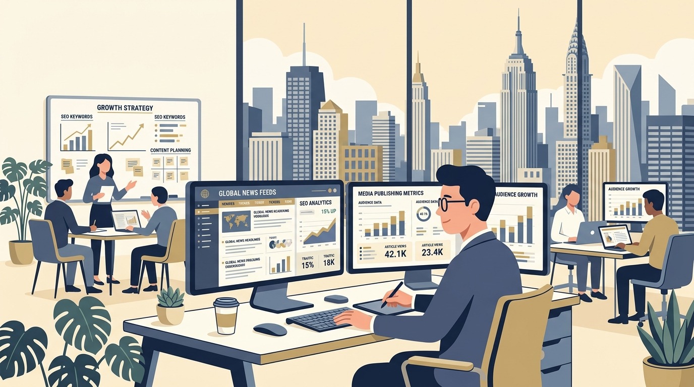 YonoPress platform review showing digital media analytics, SEO tools dashboard, and online publishing newsroom