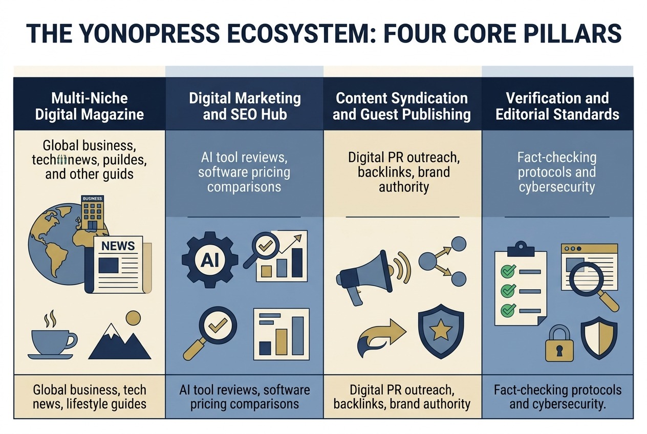 Infographic showing the four core pillars of the YonoPress ecosystem: digital magazine, SEO hub, content syndication, and editorial standards