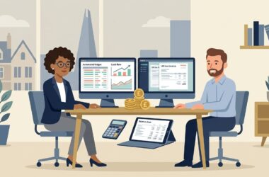 Flat vector illustration of a financial director and business owner reviewing automated cloud accounting ledgers, cash flow graphs, and digital tax invoices