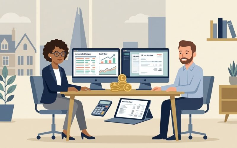 Flat vector illustration of a financial director and business owner reviewing automated cloud accounting ledgers, cash flow graphs, and digital tax invoices