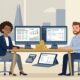 Flat vector illustration of a financial director and business owner reviewing automated cloud accounting ledgers, cash flow graphs, and digital tax invoices