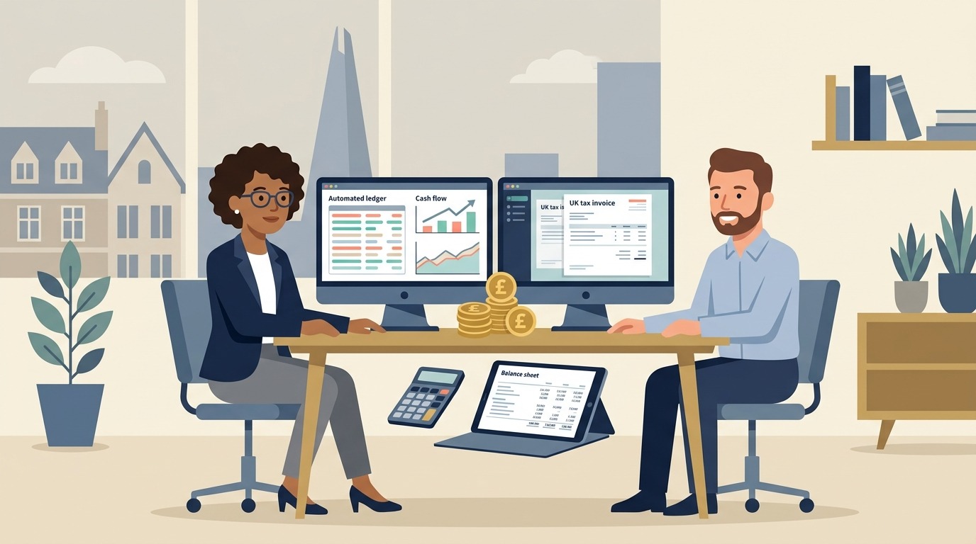 Flat vector illustration of a financial director and business owner reviewing automated cloud accounting ledgers, cash flow graphs, and digital tax invoices