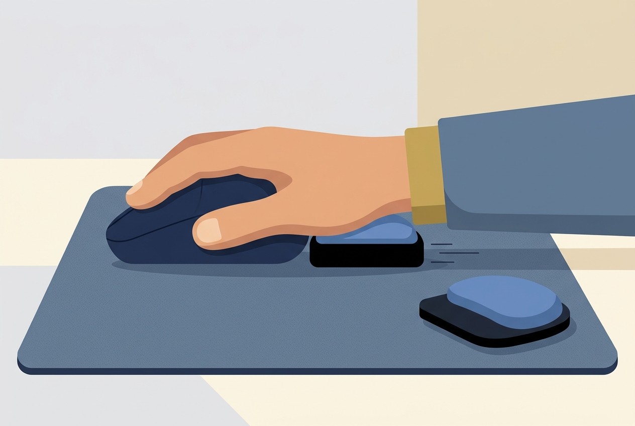 Hand resting on a Carpio 2.0 palm support that slides with the mouse, with a spare blue pad set