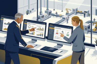 Executive plant operations director reviewing computerized maintenance management system CMMS software