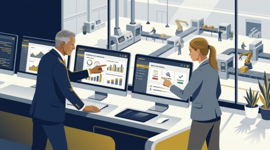 Executive plant operations director reviewing computerized maintenance management system CMMS software