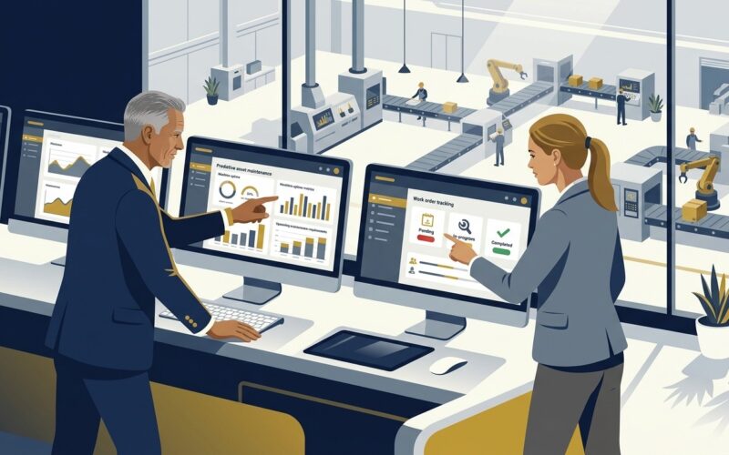 Executive plant operations director reviewing computerized maintenance management system CMMS software