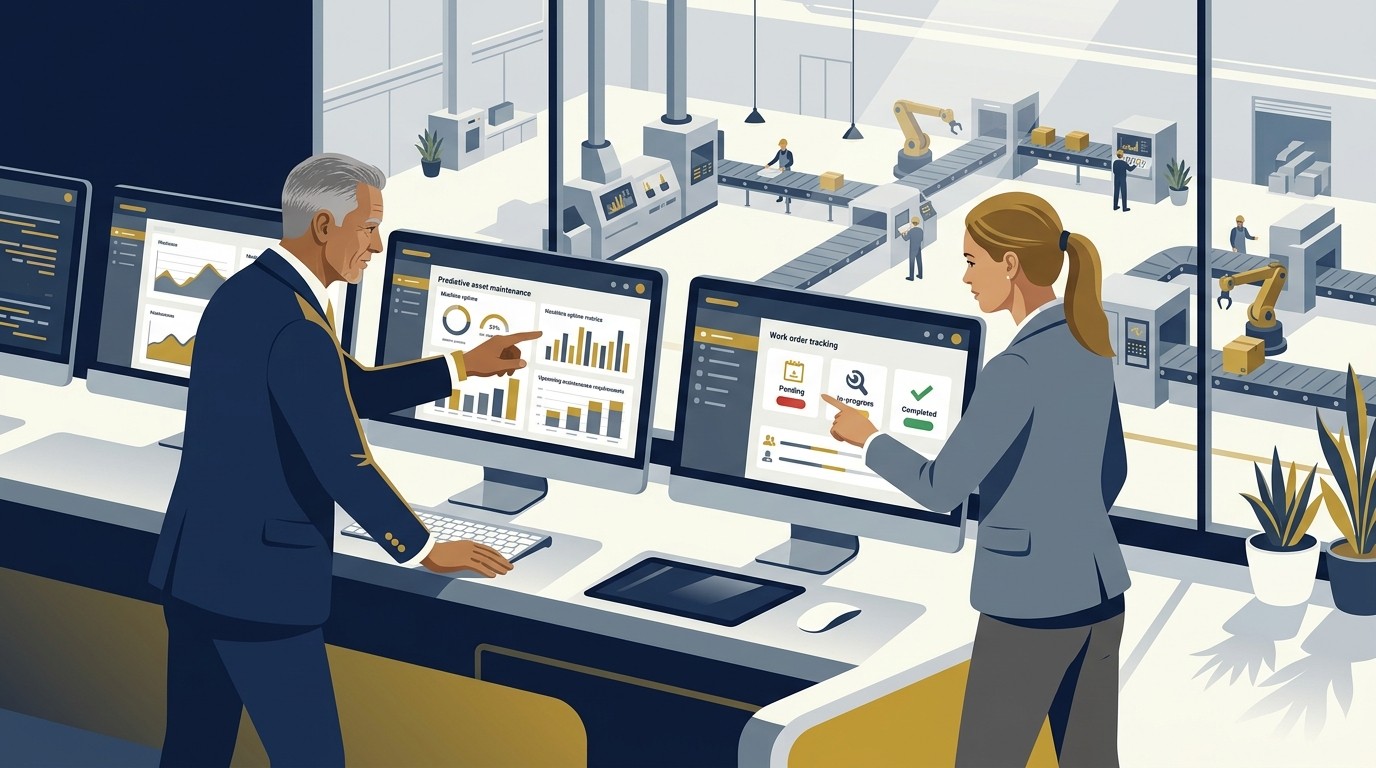 Executive plant operations director reviewing computerized maintenance management system CMMS software