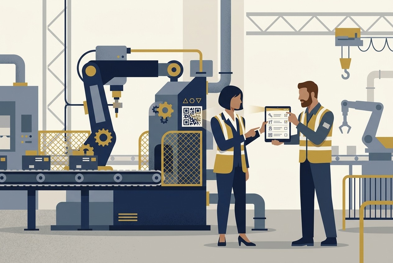 Industrial plant technician logging digital work orders on mobile CMMS software next to manufacturing machinery