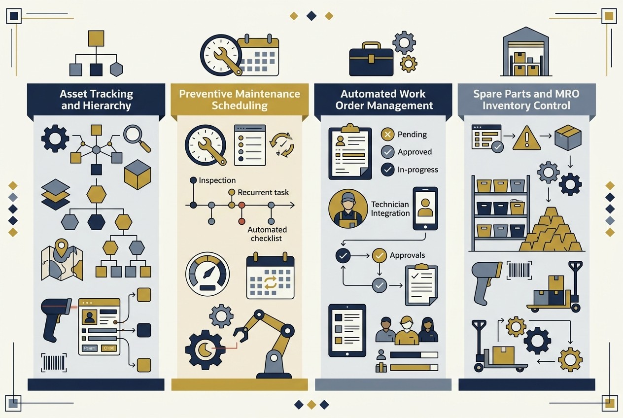 Four-pillar CMMS functional architecture framework for asset management