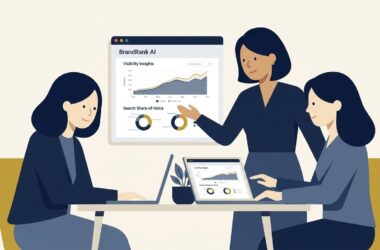 Flat vector illustration of enterprise marketing directors reviewing BrandRank AI visibility insights and search share of voice metrics