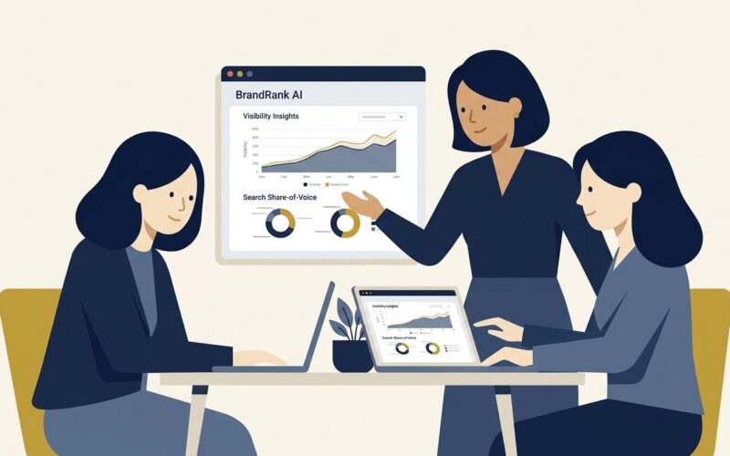 Flat vector illustration of enterprise marketing directors reviewing BrandRank AI visibility insights and search share of voice metrics