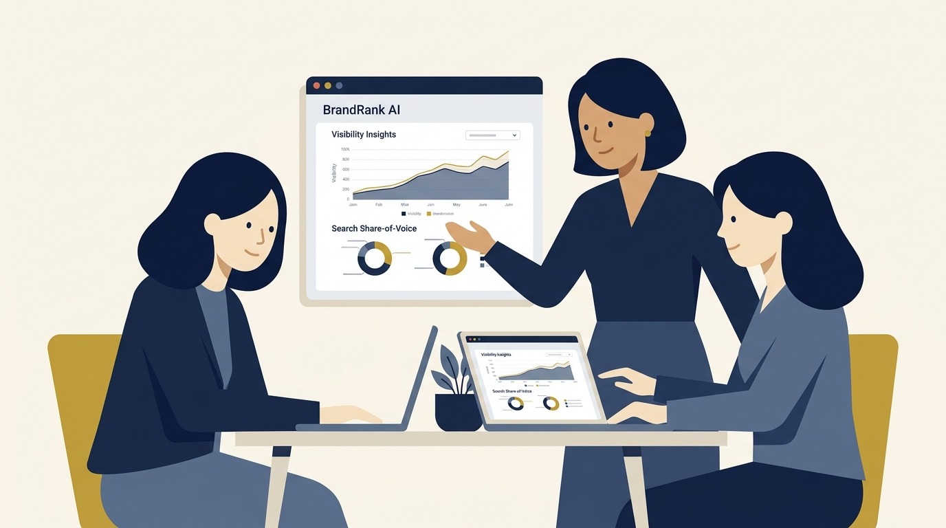 Flat vector illustration of enterprise marketing directors reviewing BrandRank AI visibility insights and search share of voice metrics
