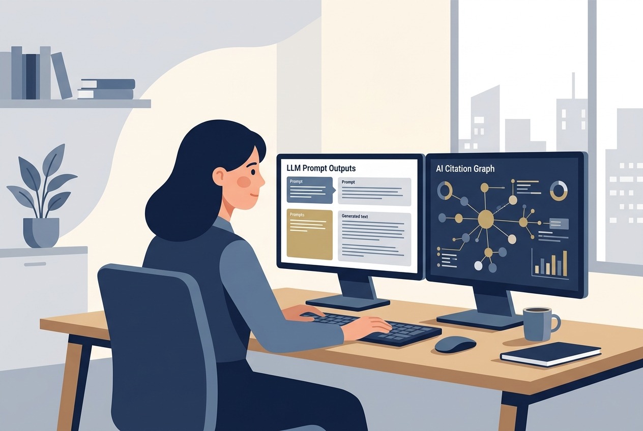 Flat vector illustration of a data analyst evaluating LLM prompt outputs and AI citation graph analytics on dual monitors