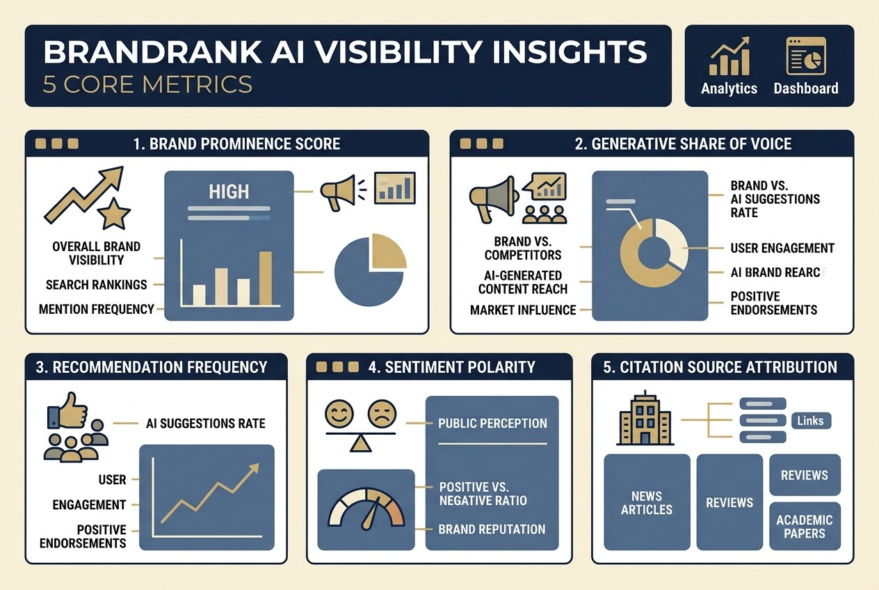 Flat vector infographic illustrating the five core metrics of BrandRank AI visibility insights: prominence score, share of voice, recommendation frequency, sentiment, and citation attribution