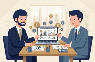Flat vector illustration of a British entrepreneur and financial adviser analyzing UK capital gains tax assets
