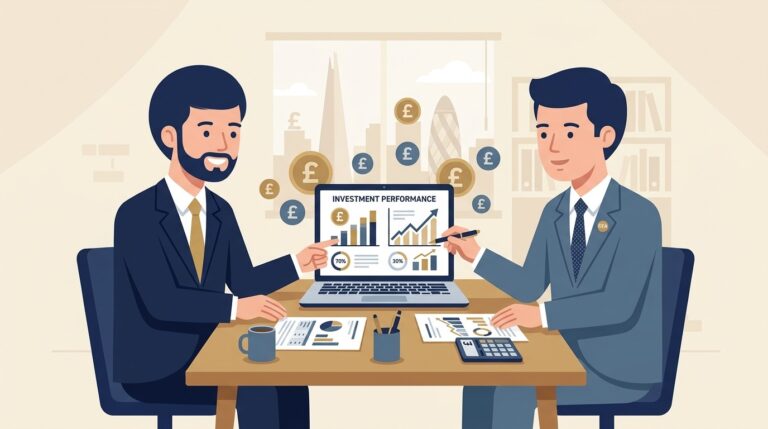 Flat vector illustration of a British entrepreneur and financial adviser analyzing UK capital gains tax assets