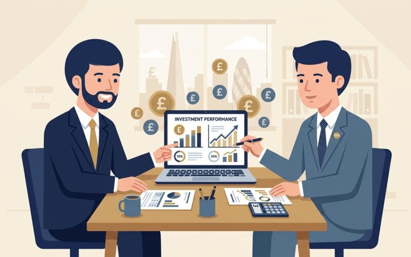 Flat vector illustration of a British entrepreneur and financial adviser analyzing UK capital gains tax assets