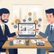 Flat vector illustration of a British entrepreneur and financial adviser analyzing UK capital gains tax assets