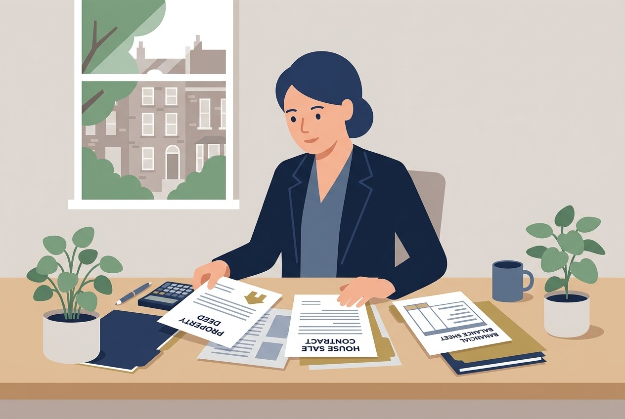 Flat vector illustration of a property investor reviewing residential property deeds and tax balance sheets