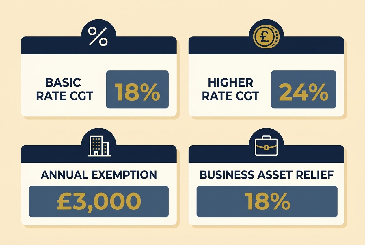 Flat vector infographic comparing UK capital gains tax rates, annual exemption, and business asset relief