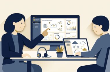 Flat vector illustration of enterprise IT directors reviewing cloud communications providers and telephony dashboard
