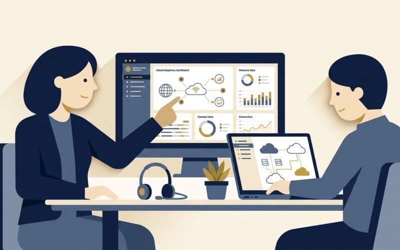 Flat vector illustration of enterprise IT directors reviewing cloud communications providers and telephony dashboard