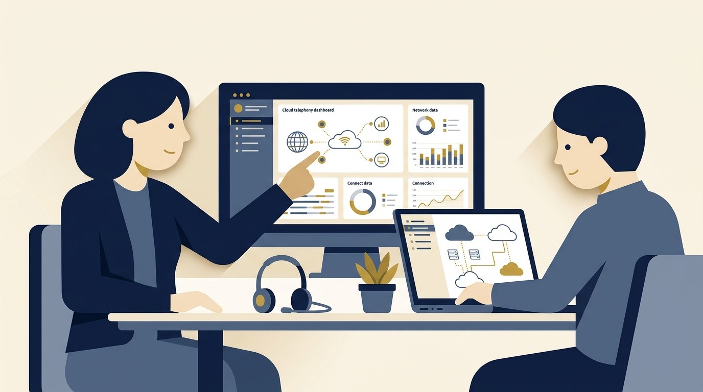 Flat vector illustration of enterprise IT directors reviewing cloud communications providers and telephony dashboard