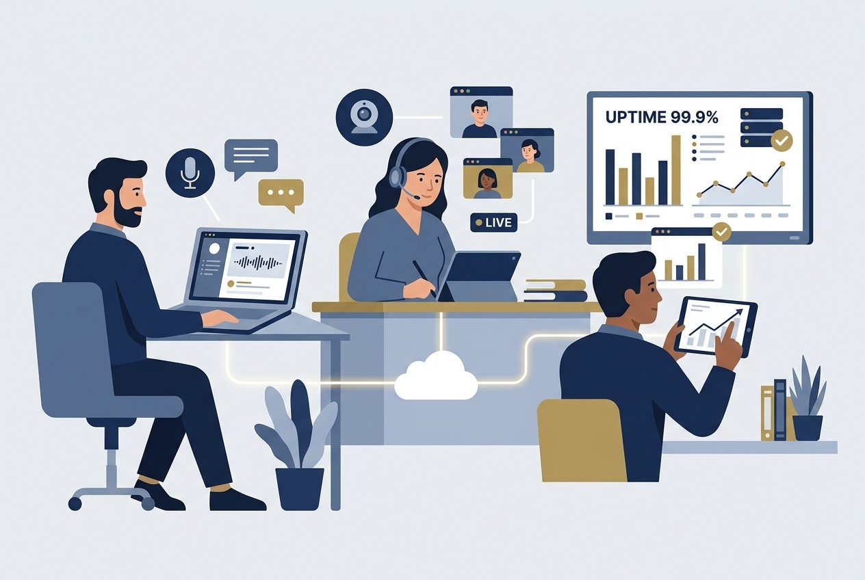 Flat vector illustration of a distributed corporate team collaborating across unified voice, video, and messaging channels