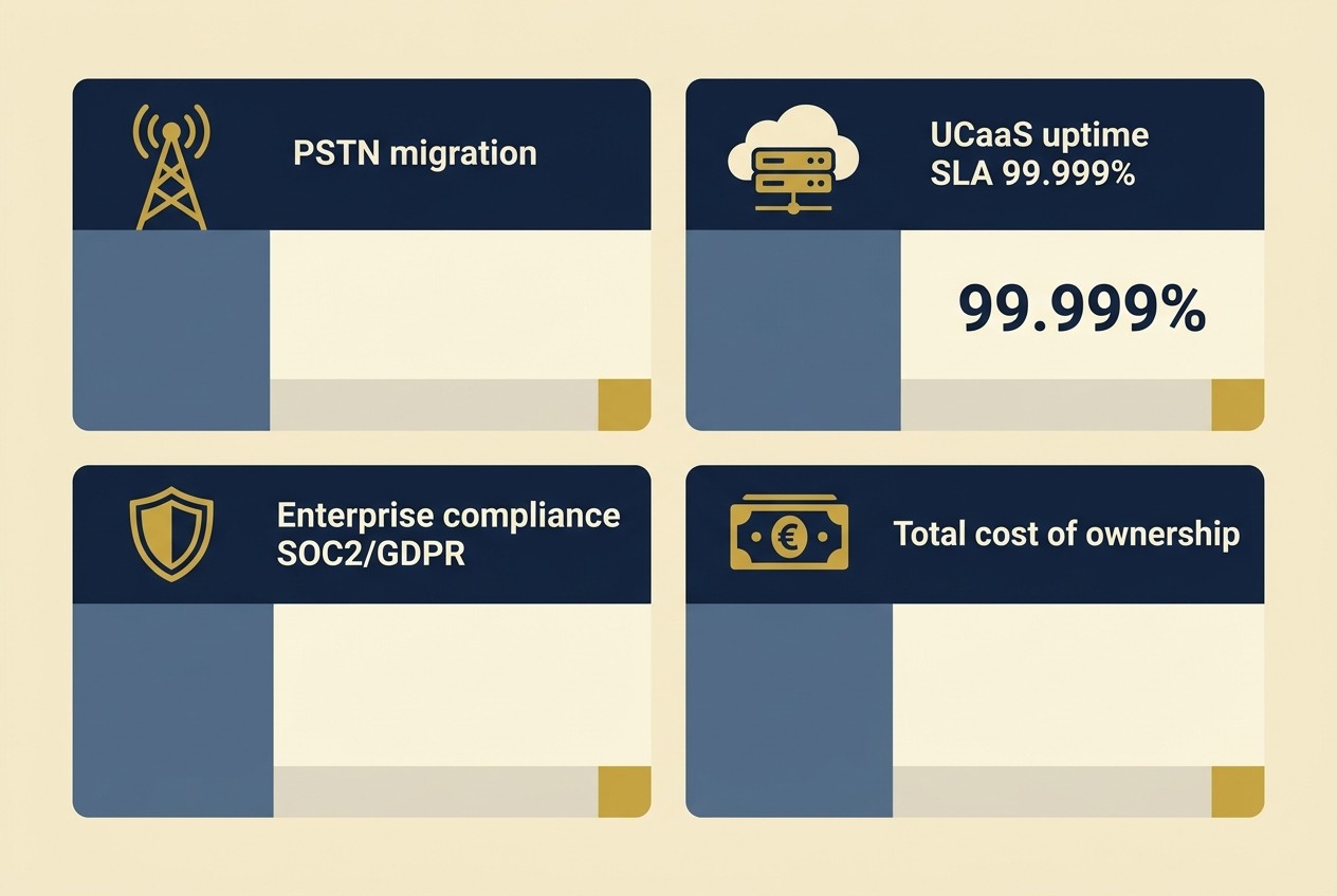 Flat vector infographic layout displaying cloud communications evaluation criteria including PSTN migration, SLAs, and compliance
