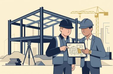Flat vector illustration of a construction site manager and developer reviewing blueprints on a digital tablet before a steel building structure