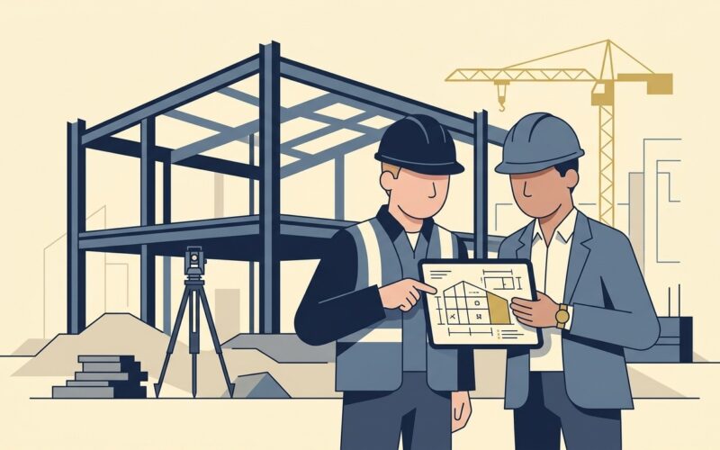Flat vector illustration of a construction site manager and developer reviewing blueprints on a digital tablet before a steel building structure