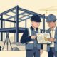 Flat vector illustration of a construction site manager and developer reviewing blueprints on a digital tablet before a steel building structure