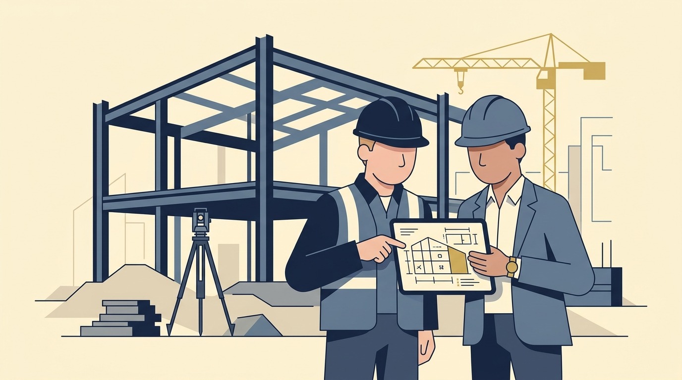 Flat vector illustration of a construction site manager and developer reviewing blueprints on a digital tablet before a steel building structure