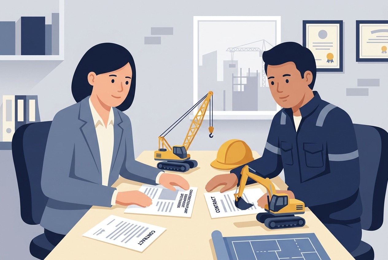 Commercial insurance broker and principal contractor reviewing plant and contract works documents