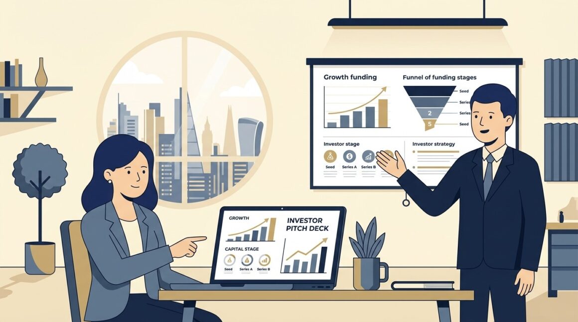 Flat vector illustration of a startup founder and financial advisor analyzing growth funding stages and pitch decks in a modern office