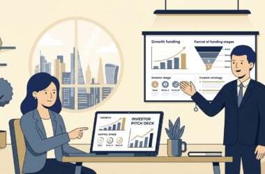 Flat vector illustration of a startup founder and financial advisor analyzing growth funding stages and pitch decks in a modern office