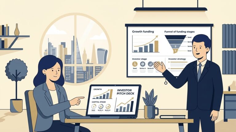 Flat vector illustration of a startup founder and financial advisor analyzing growth funding stages and pitch decks in a modern office