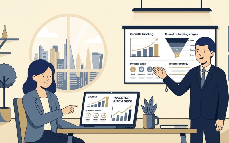 Flat vector illustration of a startup founder and financial advisor analyzing growth funding stages and pitch decks in a modern office