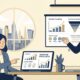 Flat vector illustration of a startup founder and financial advisor analyzing growth funding stages and pitch decks in a modern office