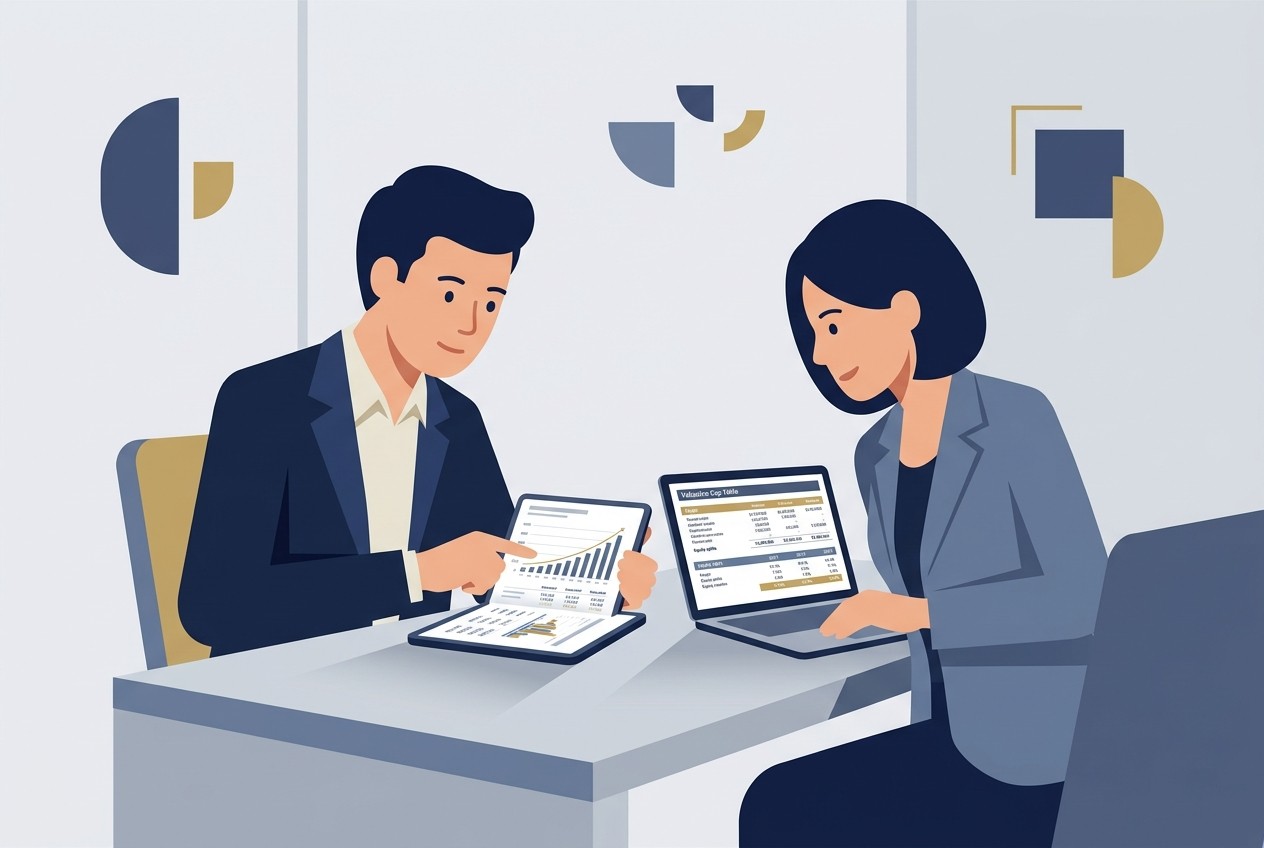 Flat vector illustration of an investor and founder reviewing growth financial models and valuation cap tables on a tablet