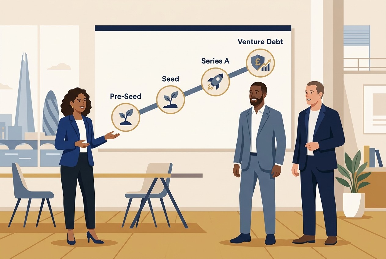 Flat vector illustration of startup executives standing before a growth capital roadmap displaying Pre-Seed, Seed, Series A, and Venture Debt stages