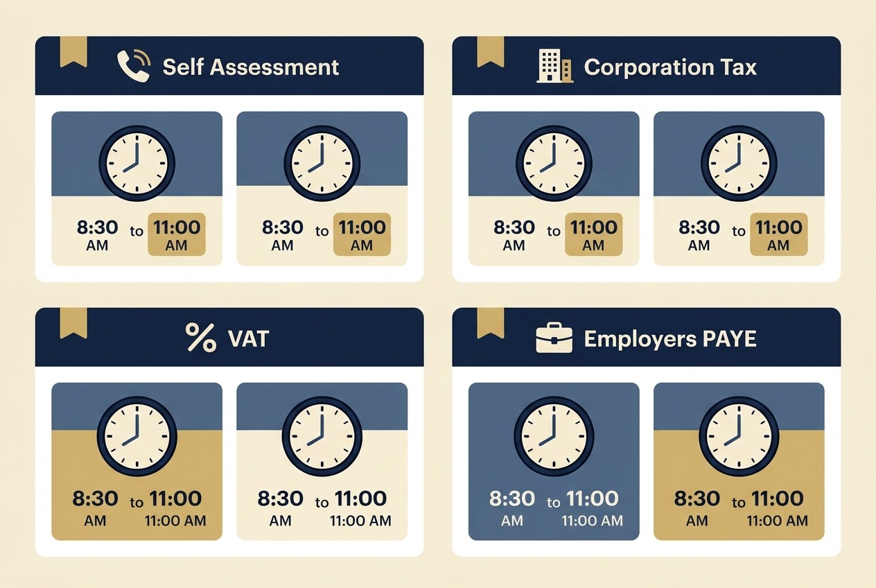 Flat vector infographic dashboard displaying HMRC helpline departmental breakdown and optimal calling windows