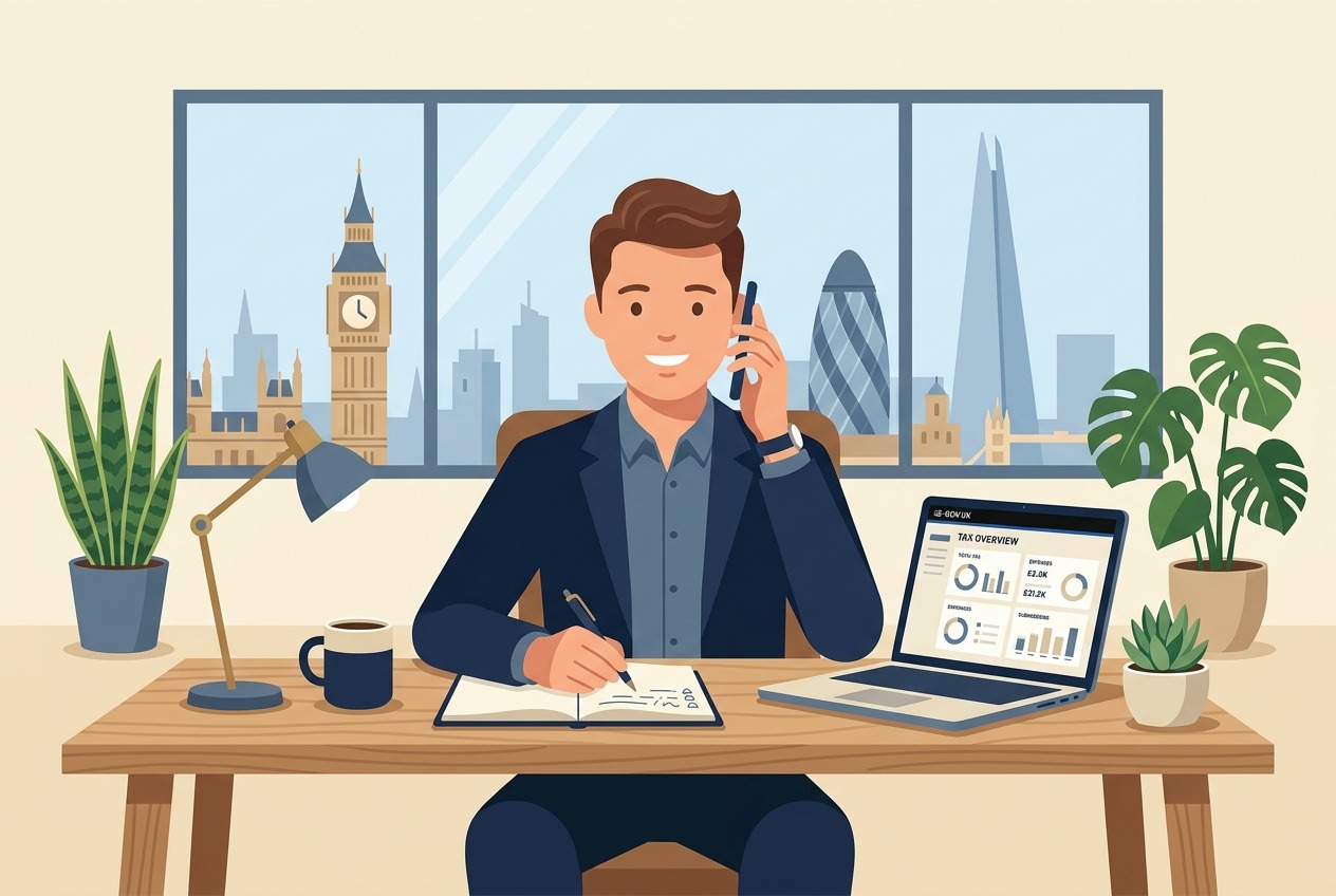 Flat vector illustration of a British entrepreneur calling HMRC customer service at an office desk
